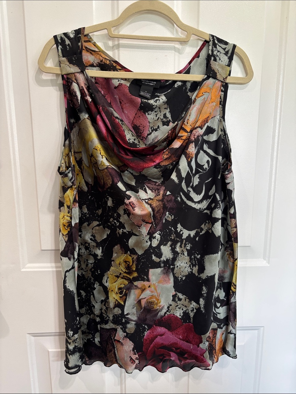 Spense Woman Floral Cowl Neck Sleeveless Top- Black with Pink & Yellow Size 1 X